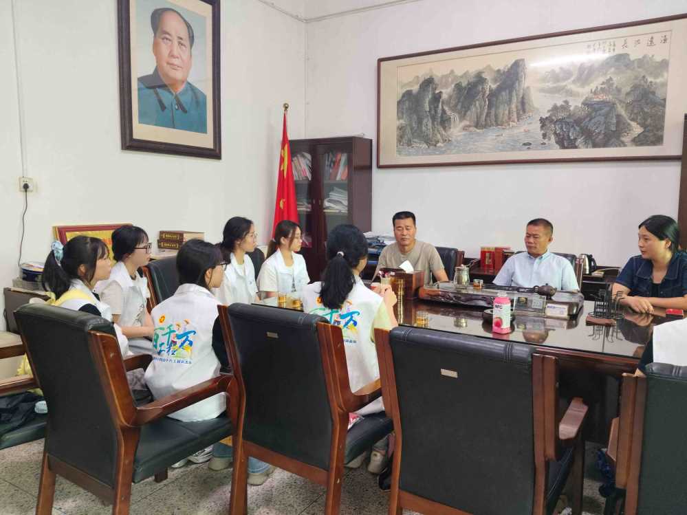 图为团队成员在村委会与书记、主任等干部交谈