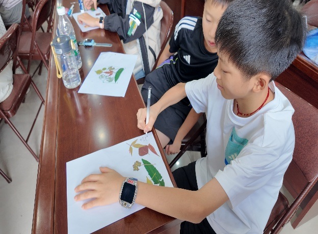 图为少年认真创作树叶贴画,动手完成自然科普手工作品。